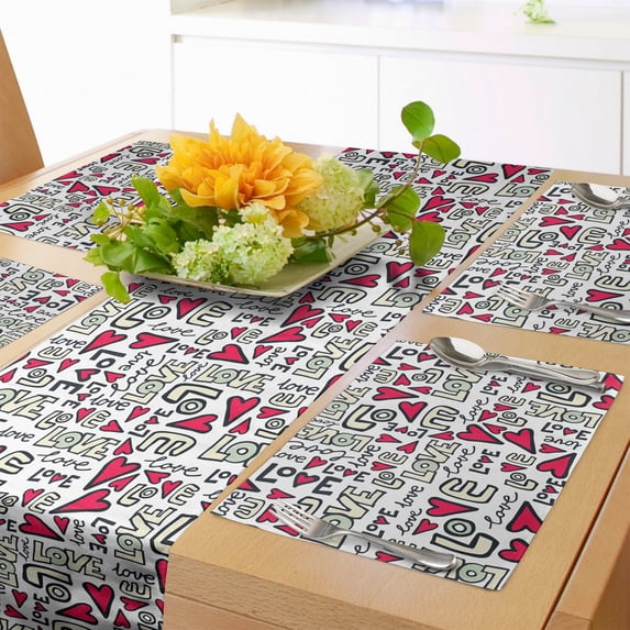 Ambesonne Love Table Runner & Placemats, Graffiti Words Romantic, Placemat 4 pcs + Runner 16"x90", Magenta Ivory Pale Green
