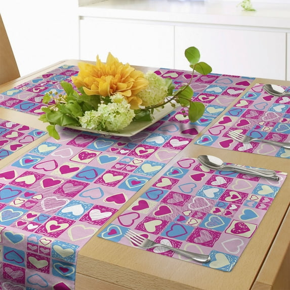 Ambesonne Love Table Runner & Placemats, Sketchy Hearts, Placemat 4 pcs + Runner 16"x72", Pink Blue Cream