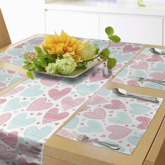 Ambesonne Love Table Runner & Placemats, Swirling and Striped Hearts, Placemat 4 pcs + Runner 14"x72", Pastel Pink Rose