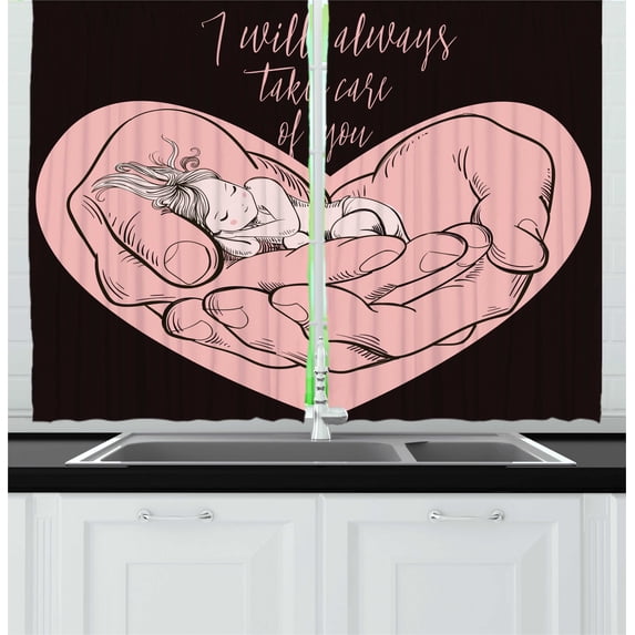 Ambesonne Love Theme Kitchen Curtains, Always Take Care of You, 55"x45", Pale Pink Dark Brown
