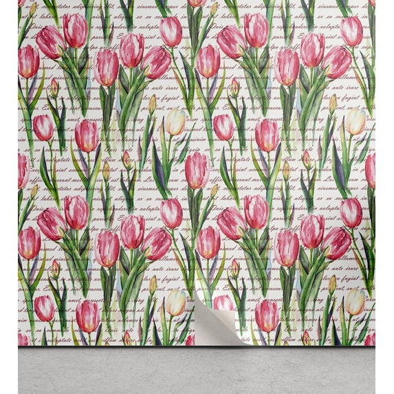 Ambesonne Love Themed Peel & Stick Wallpaper for Home, Romantic Tulip Flowers, 13"x72", Hot Pink Fern Green Cream