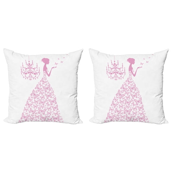 Ambesonne Love Throw Pillow Cover 2 Pack, Cartoon with Butterflies Gown, 16", Pink and White