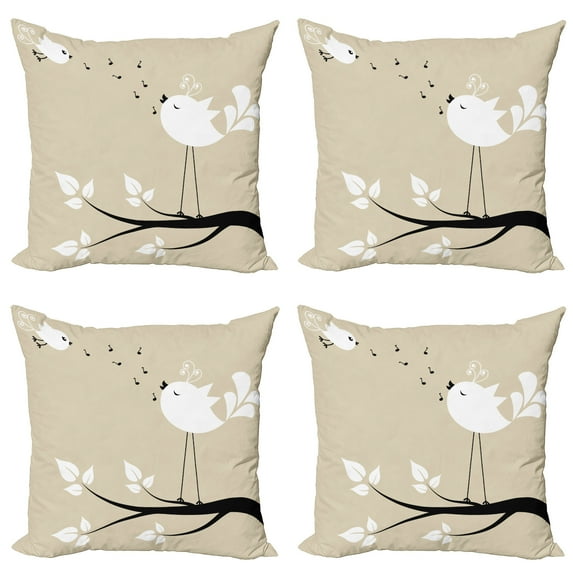 Ambesonne Love Throw Pillow Cover 4 Pack, 2 Birds on a Branch, 18", Cream Black White