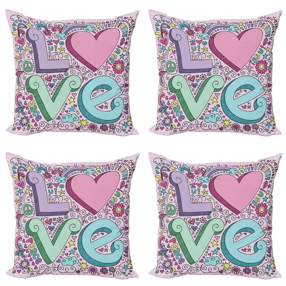 Ambesonne Love Throw Pillow Cover 4 Pack, 3D Lettering Groovy, 20", Multicolor