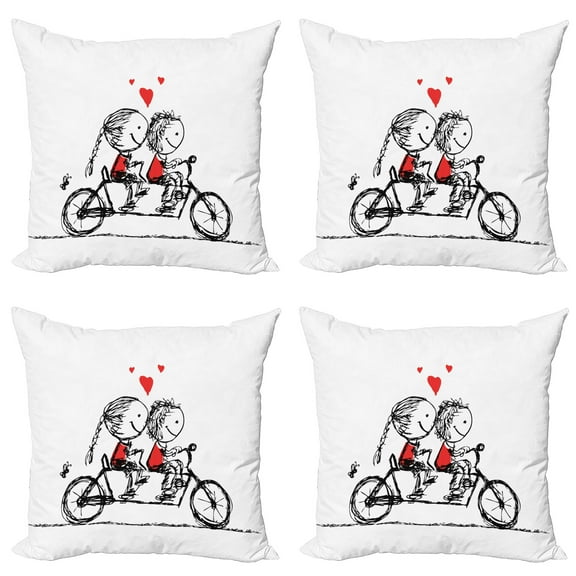 Ambesonne Love Throw Pillow Cover 4 Pack, Couple Cycling Together, 16", Black White Scarlet