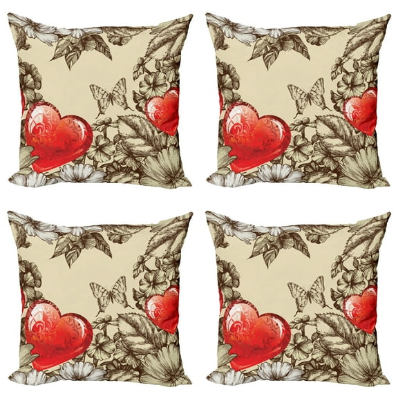 Ambesonne Love Throw Pillow Cover 4 Pack, Flowers and Butterfly, 16", Beige Brown Red