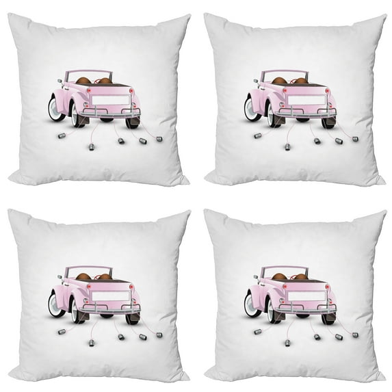 Ambesonne Love Throw Pillow Cover 4 Pack, Just Married Cartoon Car, 20", Pink White