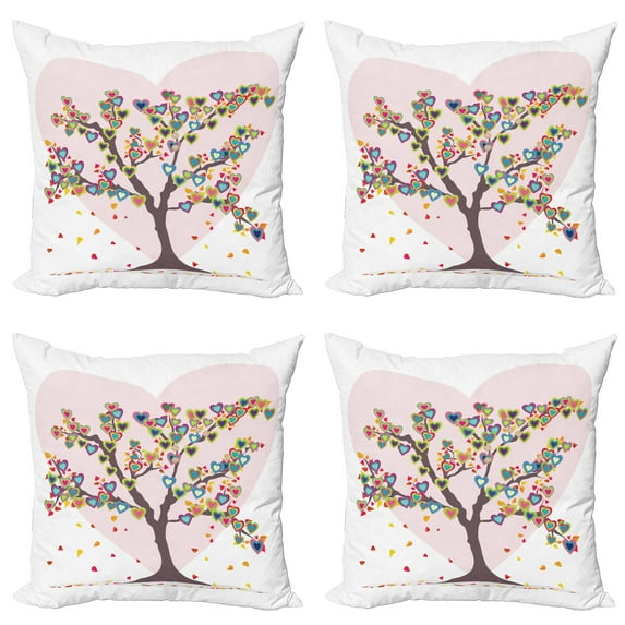 Ambesonne Love Throw Pillow Cover 4 Pack, Tree with Leaves Floral, 24", Multicolor