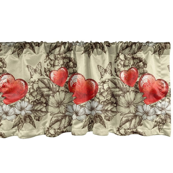 Ambesonne Love Window Valance, Flowers and Butterfly, 54" X 18", Beige Brown Red
