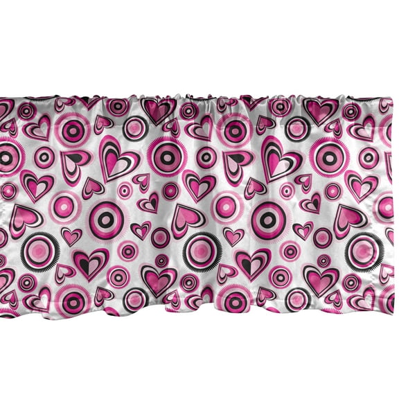 Ambesonne Love Window Valance, Pink Hearts and Circles, 54" X 18", Pink Black White