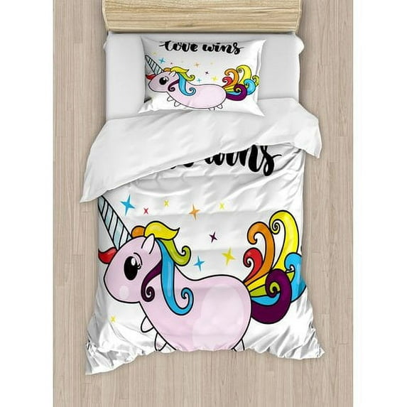 Ambesonne Love Wins Unicorn Character Rainbow Tail Duvet Cover Set