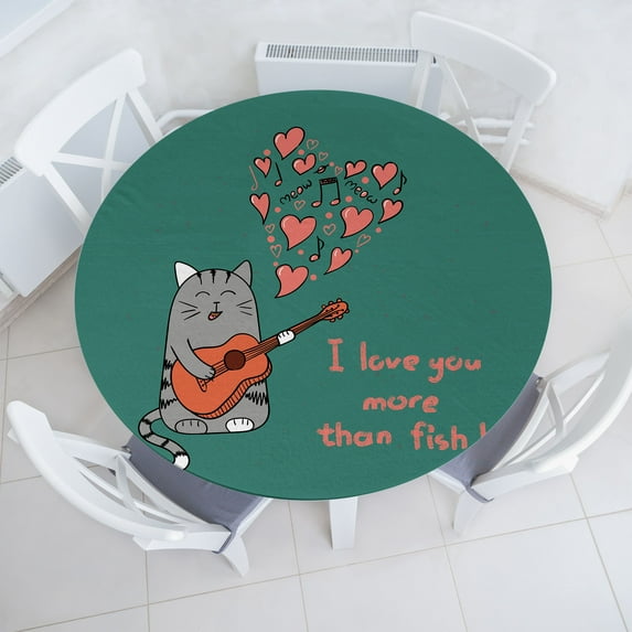 Ambesonne Love You More Fitted Round Tablecloth, Cartoon Cat Sings, 56"- 60" Diameter, Multicolor