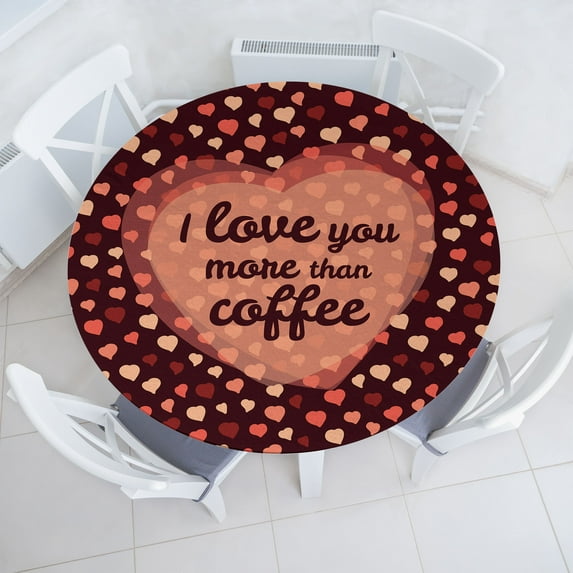 Ambesonne Love You More Fitted Round Tablecloth, Coffee and Hearts, 56"- 60" Diameter, Coral Peach Brown