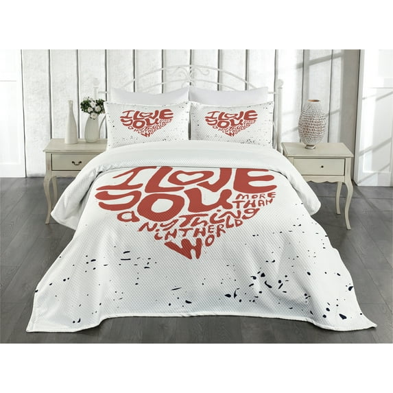 Ambesonne Love You More Quilted Bedspread Set 3 Pcs, Grungy Heart Form, Queen Size, Rust Black White