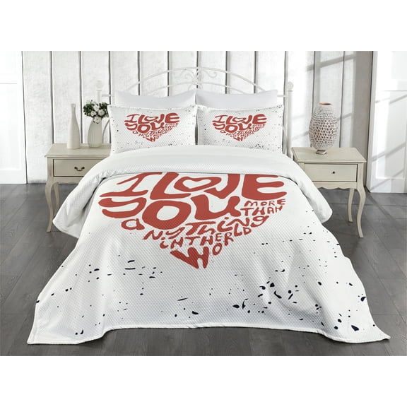 Ambesonne Love You More Quilted Bedspread Set 3 Pcs, Grungy Heart Form, Queen Size, Rust Black White