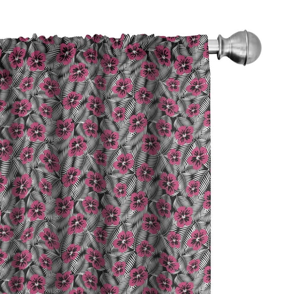 Ambesonne Luau Curtains, Pink Hibiscus Modern Leaf, Pair of 28"x63", Pink Black and White
