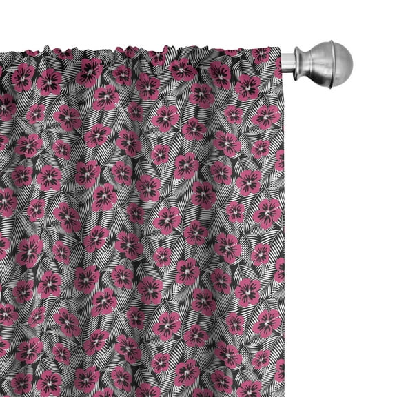 Ambesonne Luau Curtains, Pink Hibiscus Modern Leaf, Pair of 28"x84", Pink Black and White
