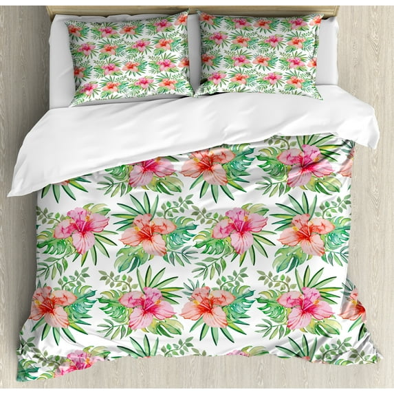 Ambesonne Luau Duvet Cover Set, Hibiscus Monstera Palm Leaves, 2-Calking, Vermilion Hot Pink