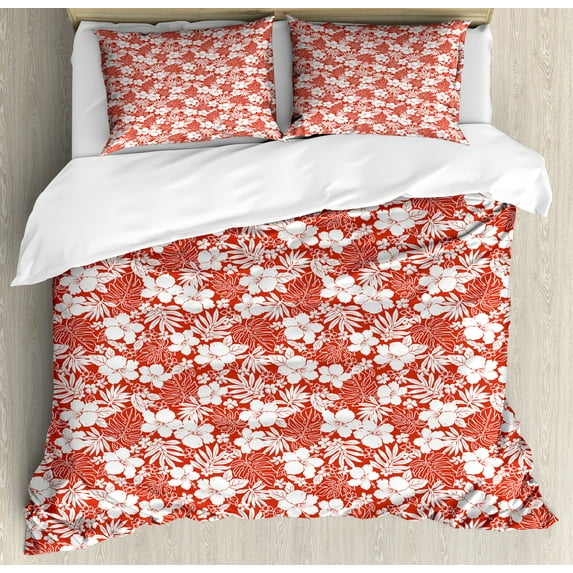 Ambesonne Luau Duvet Cover Sets, Exotic Flowers Hawaii, 2-King, Vermilion White