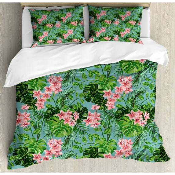 Ambesonne Luau Duvet Cover Sets, Exotic Pastel Plumeria Pattern, 2-Queen, Teal Green