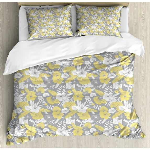 Ambesonne Luau Duvet Cover Sets, Hawaii Vegetation Vintage, 2-King, Pale Yellow Pale Grey