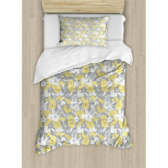 Ambesonne Luau Duvet Cover Sets, Hawaii Vegetation Vintage, 2-Twin, Pale Yellow Pale Grey