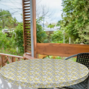 Ambesonne Luau Fitted Round Tablecloth, Hawaii Vegetation Vintage, 40"- 44" Diameter, Pale Yellow Pale Grey