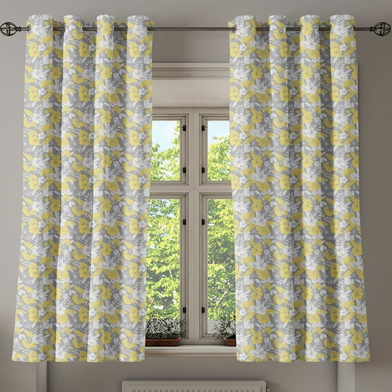 Ambesonne Luau Grommet Curtain, Hawaii Vegetation Vintage, 50" x 54", Pale Yellow Pale Grey