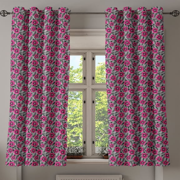 Ambesonne Luau Grommet Curtain, Pink Hibiscus Modern Leaf, 50" x 63", Pink Black and White