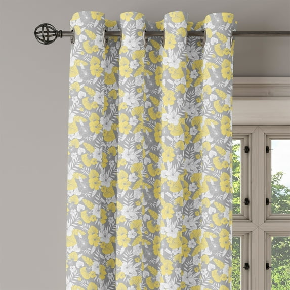 Ambesonne Luau Grommet Curtain Single Panel, Hawaii Vegetation Vintage, 50"x60", Pale Yellow Pale Grey