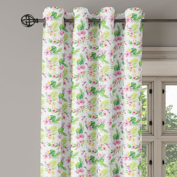 Ambesonne Luau Grommet Curtain Single Panel, Hawaiian Hibiscus Leaves, 50"x60", Pale Pink Yellow Green