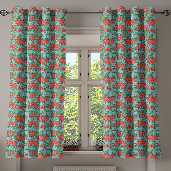 Ambesonne Luau Grommet Curtain, Summer Aloha Flourish, 50" x 54", Vermilion Pale Blue