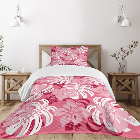 Ambesonne Luau Quilted Bedspread Set 2 Pcs, Monstera Leaves Blossoms, Twin Size, Pink White and Ruby