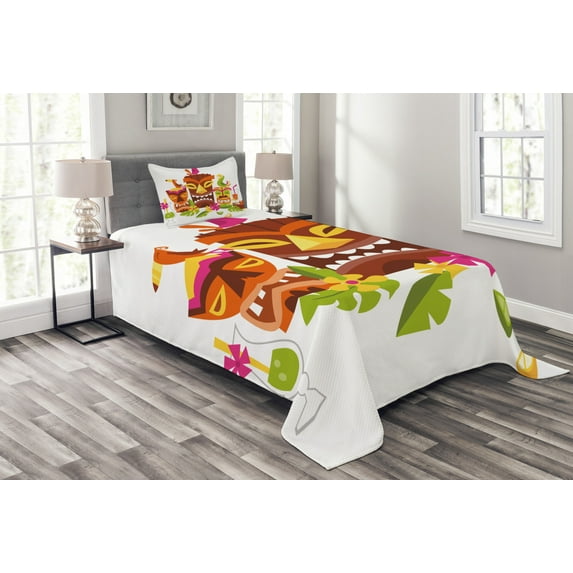 Ambesonne Luau Quilted Bedspread Set 2 Pcs, Tiki Drinks Birds, Twin Size, Multicolor