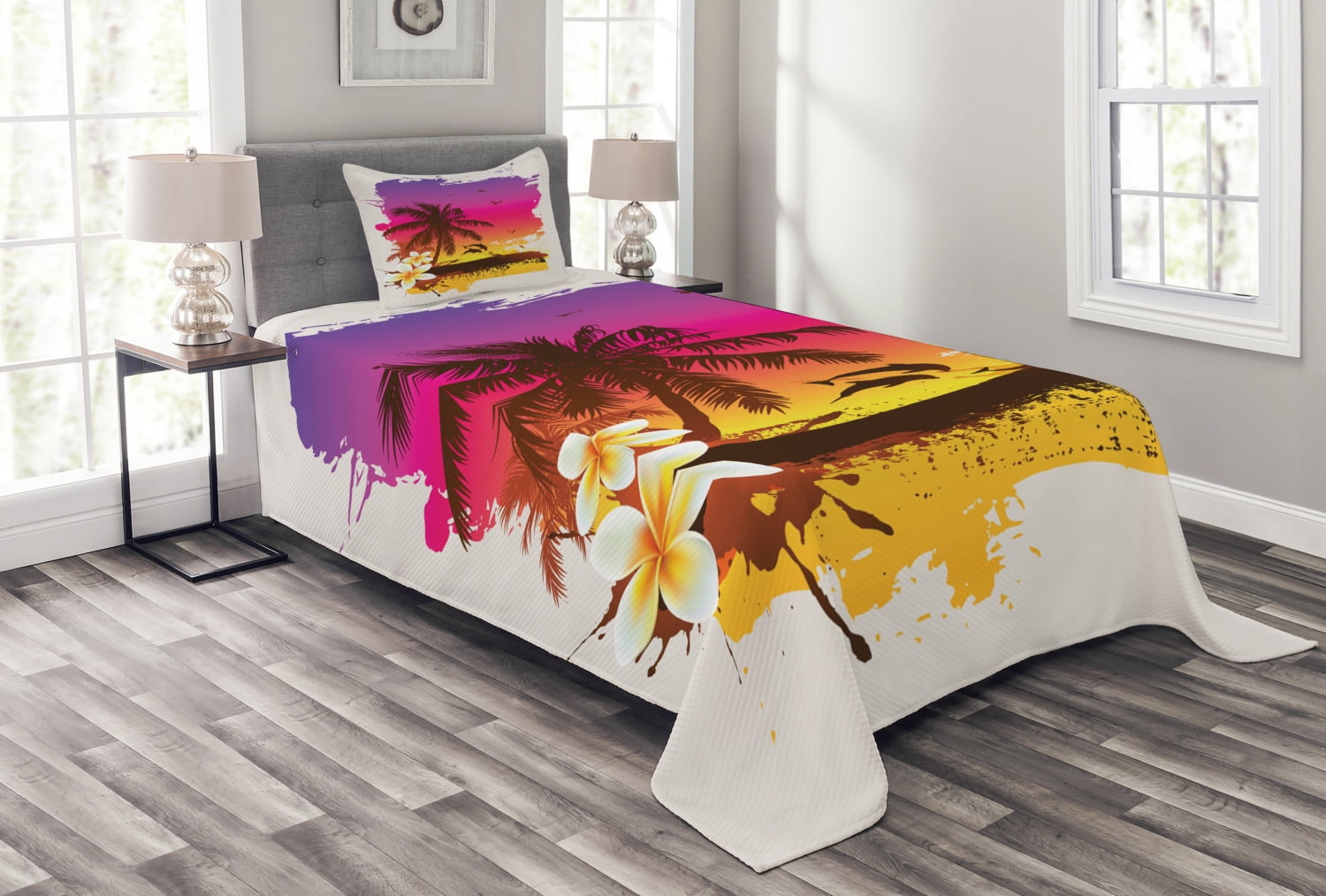 Tropical Sunset Twin Quilted Bedspread Set in White Polyester