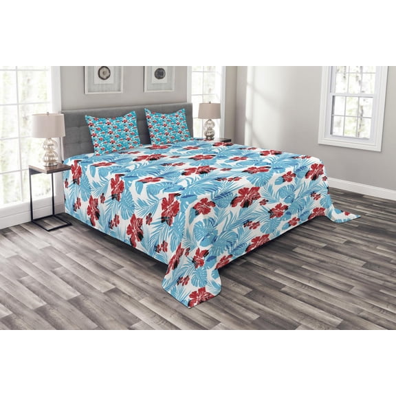 Ambesonne Luau Quilted Bedspread Set 3 Pcs, Island Vegetation Leaves, King Size, Sky Blue and Vermilion