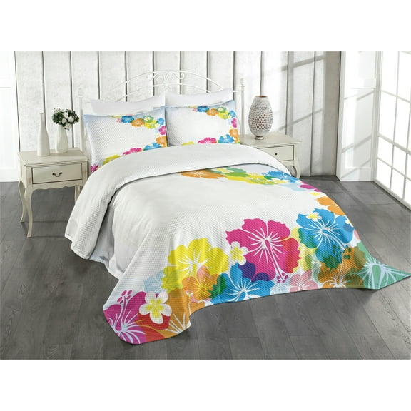 Ambesonne Luau Quilted Bedspread Set 3 Pcs, Polynesian Spring Aloha, Queen Size, Multicolor