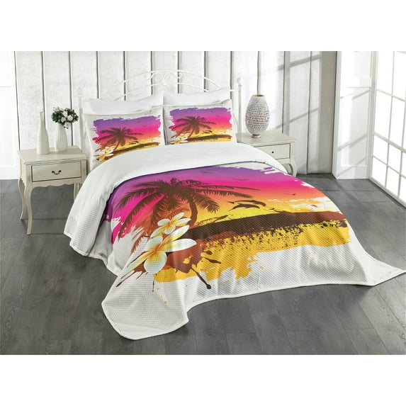 Ambesonne Luau Quilted Bedspread Set 3 Pcs, Tropical Beach Sunset, King Size, Multicolor