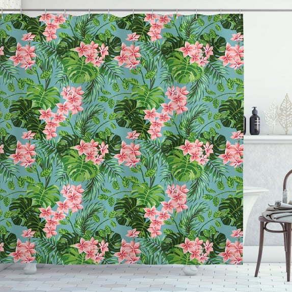 Ambesonne Luau Shower Curtain, Exotic Pastel Plumeria Pattern, 69"Wx75"L, Teal Green