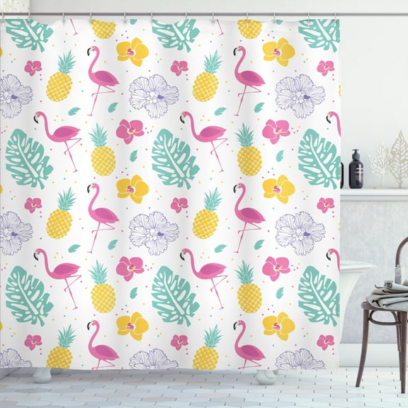 Ambesonne Luau Shower Curtain, Flamingo Pineapple Petals Leaf, 69"Wx75"L, White Seafoam