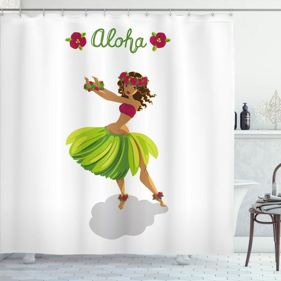 Ambesonne Luau Shower Curtain, Hula Dancer Girl Aloha Wording, 69"Wx84"L, White Magenta Lime Green