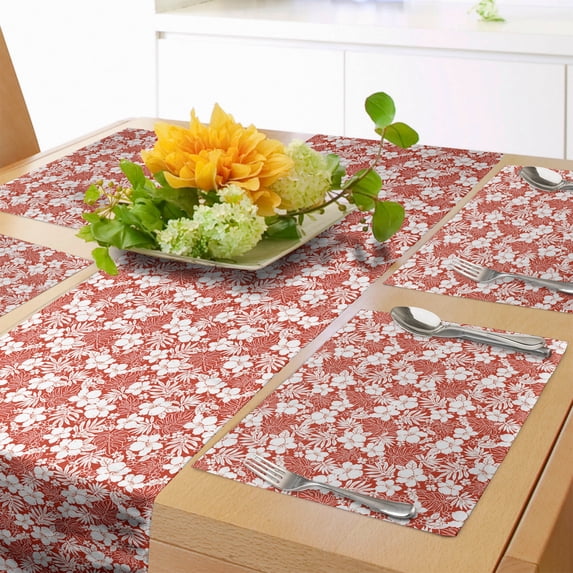 Ambesonne Luau Table Runner & Placemats, Exotic Flowers Hawaii, Placemat 4 pcs + Runner 16"x72", Vermilion White