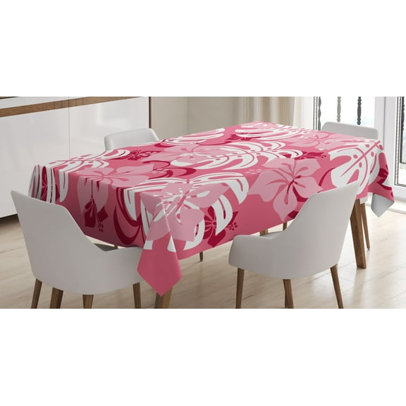 Ambesonne Luau Tablecloth Rectangular Table Cover, Monstera Leaves Blossoms, 60"x90", Pink White and Ruby