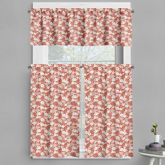Ambesonne Luau Valance & Curtain, Exotic Flowers Hawaii, 55"x45", Vermilion White