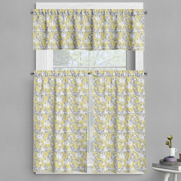 Ambesonne Luau Valance & Curtain, Hawaii Vegetation Vintage, 55"x24", Pale Yellow Pale Grey