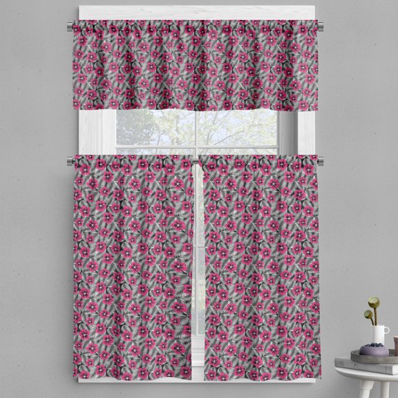 Ambesonne Luau Valance & Curtain, Pink Hibiscus Modern Leaf, 55"x36", Pink Black and White