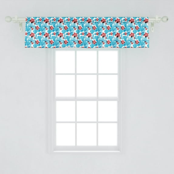 Ambesonne Luau Window Valance, Palm Tree Leaves with Hibiscus Petals Exotic Island Vegetation Pattern, Curtain Valance for Kitchen Bedroom Decor with Rod Pocket, 54" X 12", Sky Blue and Vermilion