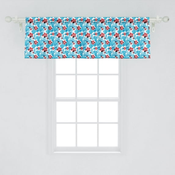Ambesonne Luau Window Valance, Palm Tree Leaves with Hibiscus Petals Exotic Island Vegetation Pattern, Curtain Valance for Kitchen Bedroom Decor with Rod Pocket, 54" X 18", Sky Blue and Vermilion