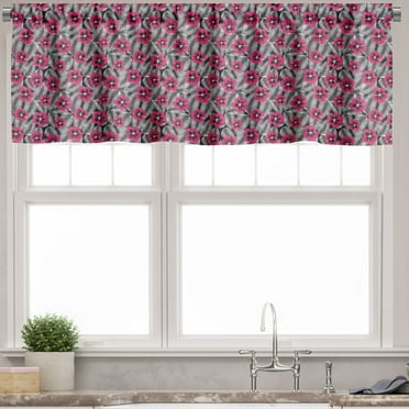 Ambesonne Luau Window Valance, Pink Hibiscus Modern Leaf, 54" X 18", Pink Black and White