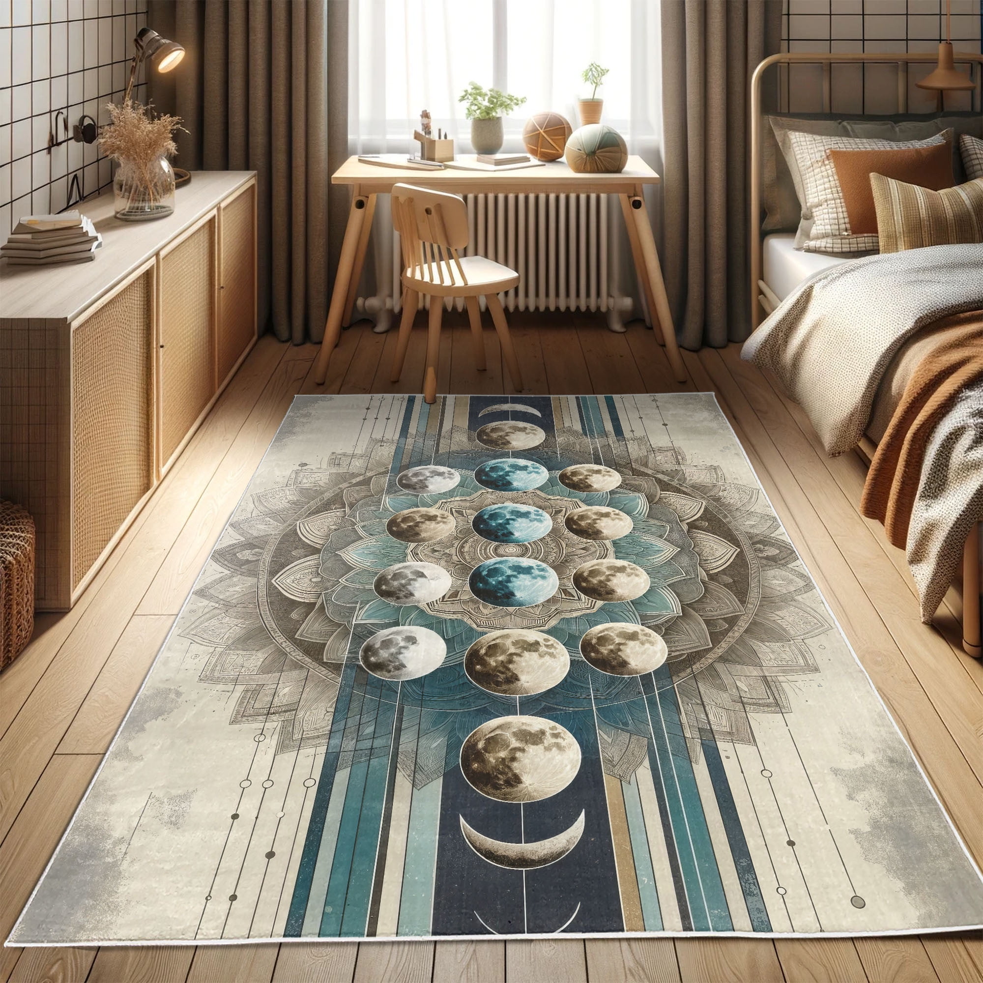 Cadet Blue and Eggshell Rectangular Synthetic Oriental Rug